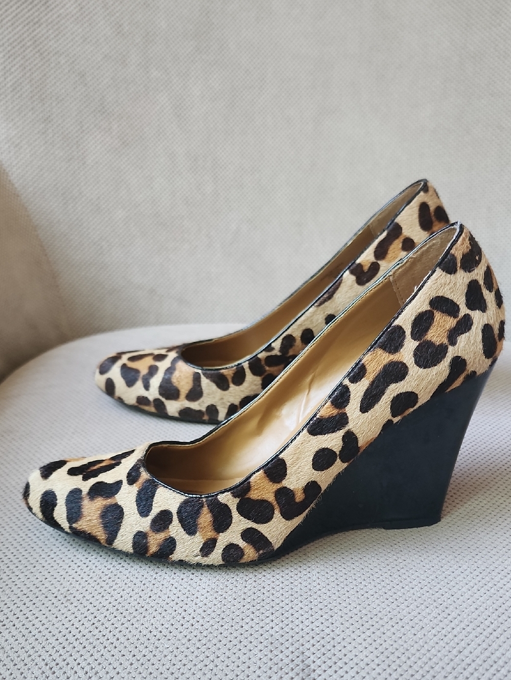 Max Studio Leopard Print Pony Hair Wedge Pumps - Tan & Black